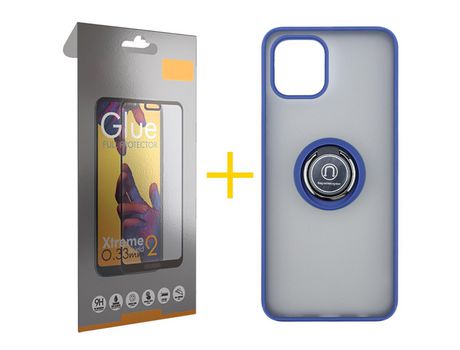 Pack 1 X Película de Vidrio Templado Full + Funda SKYHE por Apple iPhone 15 Gel Bumper con Anillo Azul