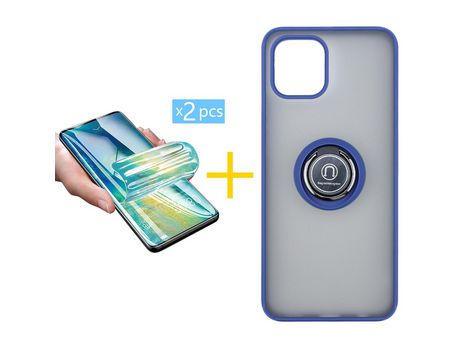 Pack 2 X Película de Vidrio Templado Hidrogel + Funda GANDY por Apple iPhone 15 Gel Bumper con Anillo Azul
