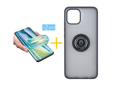 Pack 2 X Película de Vidrio Templado Hidrogel + Funda GANDY por Apple iPhone 15 Pro Gel Bumper con Anillo Negro