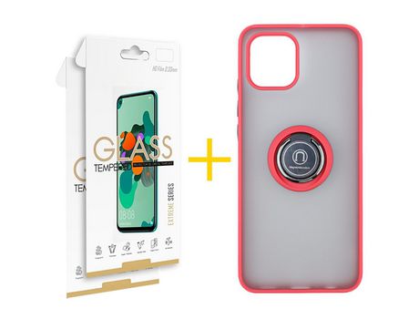 Pack 2 X Película de Vidrio Templado 2.5D + Funda GANDY por Apple iPhone 15 Gel Bumper con Anillo Rojo