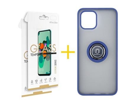 Pack 2 X Película de Vidrio Templado 2.5D + Funda GANDY por Apple iPhone 15 Gel Bumper con Anillo Azul