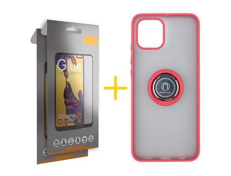 Pack 2 X Película de Vidrio Templado Full + Funda SKYHE por Apple iPhone 15 Gel Bumper con Anillo Rojo