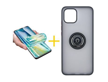 Pack 1 X Película de Vidrio Templado Hidrogel + Funda GANDY por Apple iPhone 15 Gel Bumper con Anillo Negro