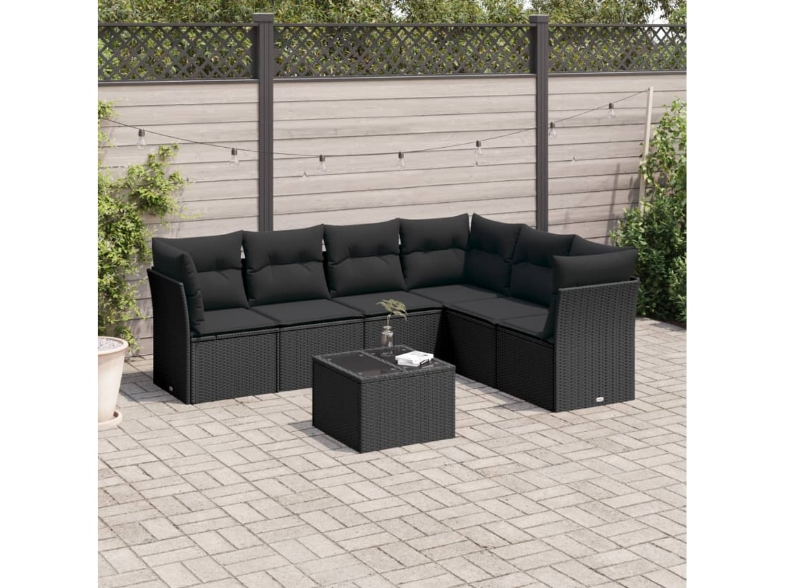 Conjunto de sofá de jardín de 7 piezas con cojines de mimbre negro de DKD Home Decor