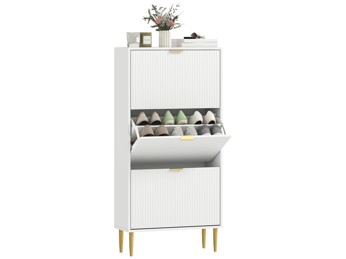 Zapatero Blanco De 3 Puertas Con Superficie Acanalada, Con Capacidad Para 18 Pares.