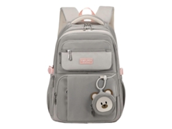 Mochila escolar moderna, cómoda y práctica para niñas, con un elegante colgante de peluche para diversas ocasiones. Gris.
