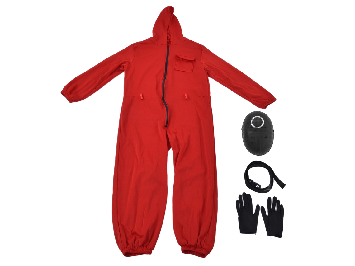 Mono de disfraz de Halloween con máscara, guantes y cinturón.