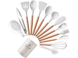 Juego de utensilios de cocina de silicona, resistentes al calor, 14 piezas con mangos de madera, blanco. Siurn