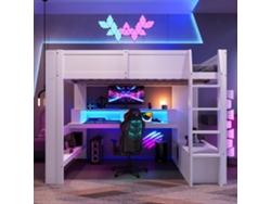 Cama Alta 140x200 Cm - Cama Gaming Con Escritorio, Led, Cajón, Estantes, Sin Colchón - Blanco