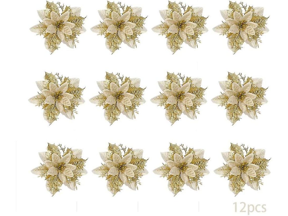 Omni-12pcs Flores De Navidad Artificiales, Poinsettias Con Brillo, Adornos Para Árbol De Navidad Dorados