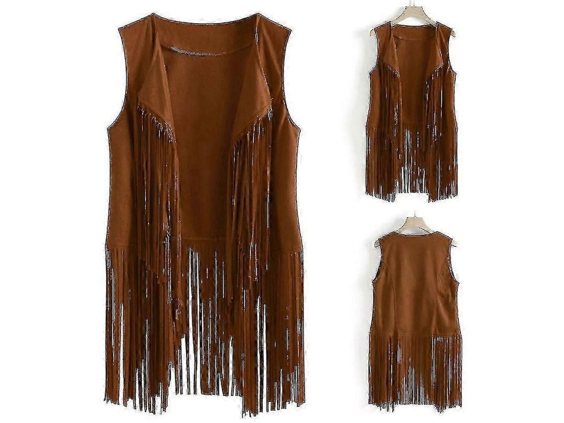Chaleco Vaquera Para Mujer 1920 Con Flecos Sin Mangas Hippie Moto Retro Casual Festival S Caqui