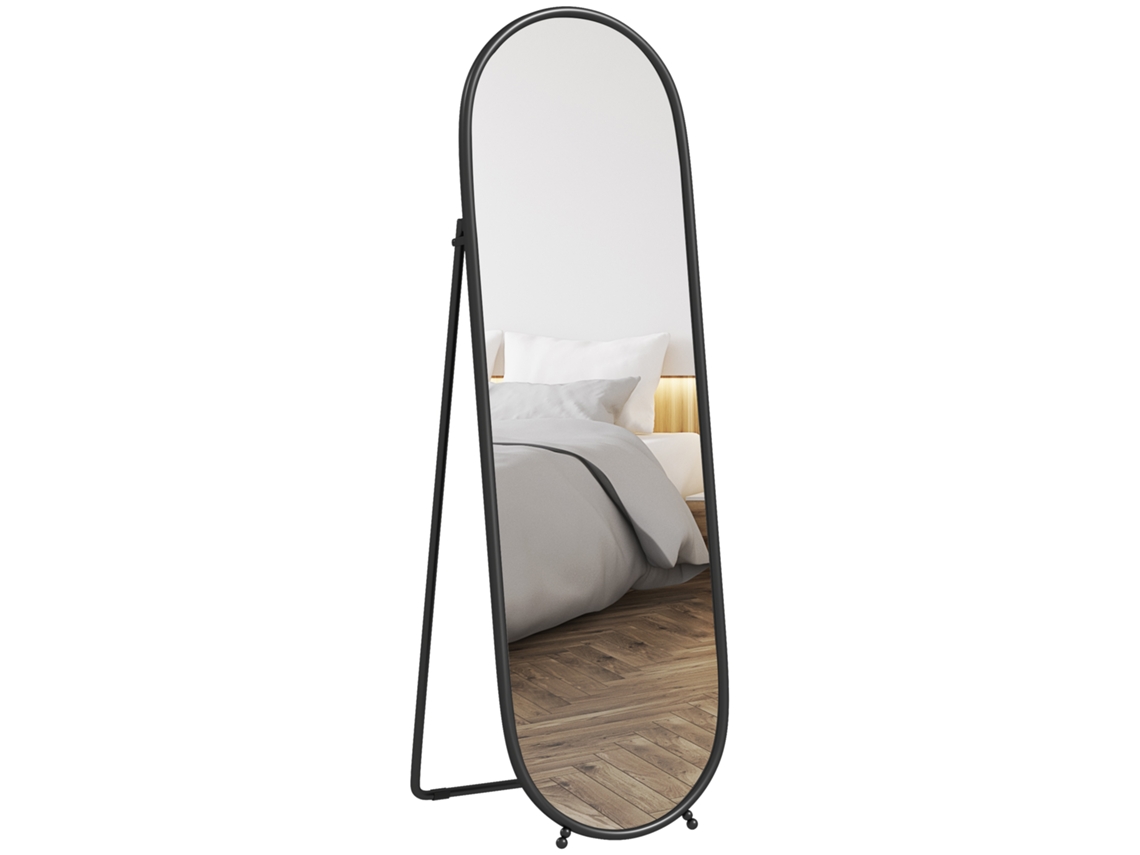Espejo Ovalado Grande E Independiente Con Marco Y Soporte De Metal Negro, Ideal Para Recibidor, Dormitorio O Vestidor, 40 X 160 Cm.