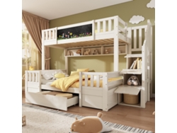 Litera Para 3 Niños, 90x200 Y 140x200, En Madera Maciza Con Pizarra, Escalera Con Espacio De Almacenaje, Cajones Y Armario Con Escalera.