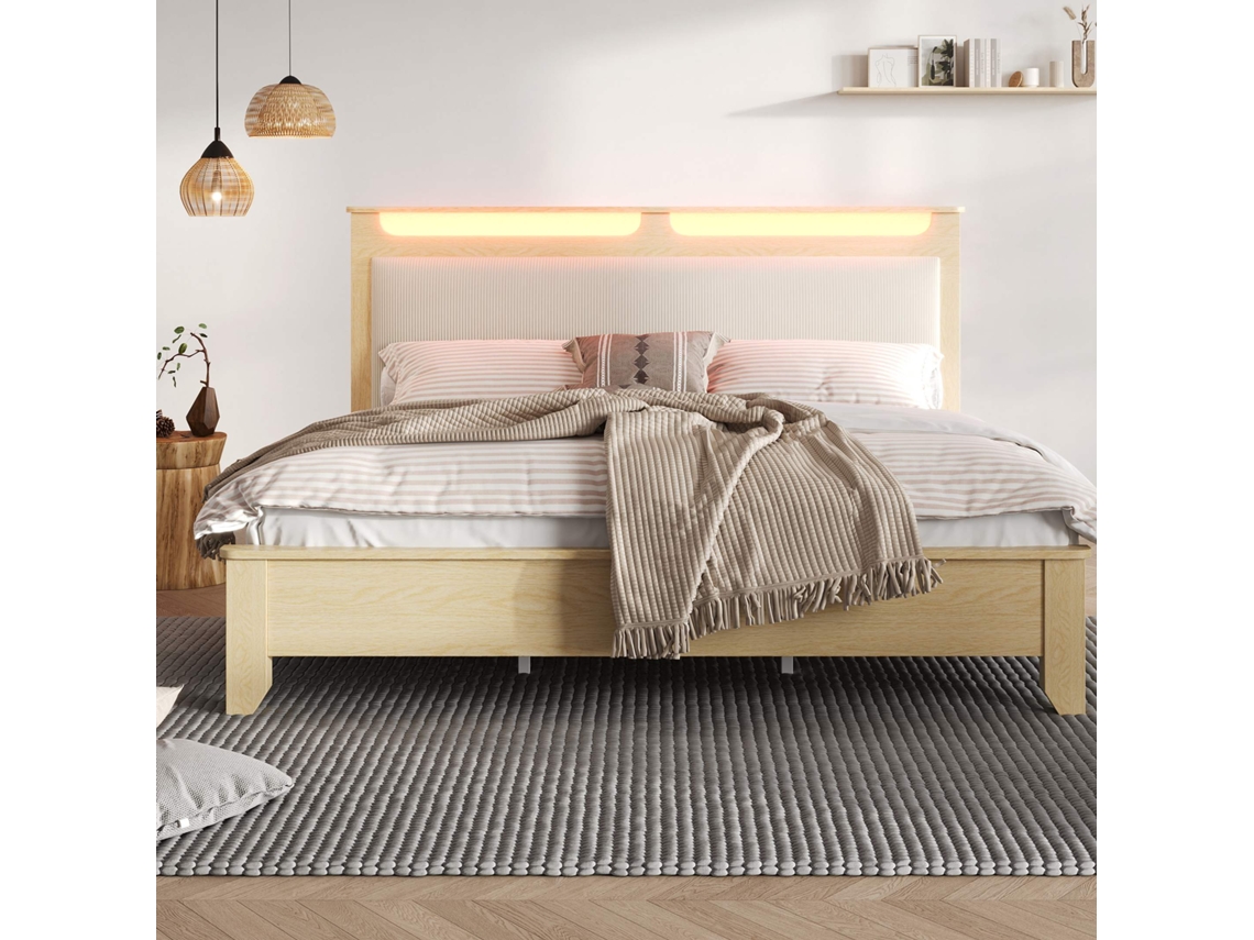 Cama Doble 160x200 Cm - Cabecero Con Espacio De Almacenamiento, Led, Parte Trasera En Cordón Beige, Estructura De Madera - Roble Claro