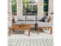 Conjunto de sala de jardín en madera de acacia y cuerda gris. 2 sofás y 1 mesa baja con patas ajustables. Estilo gris y natural.