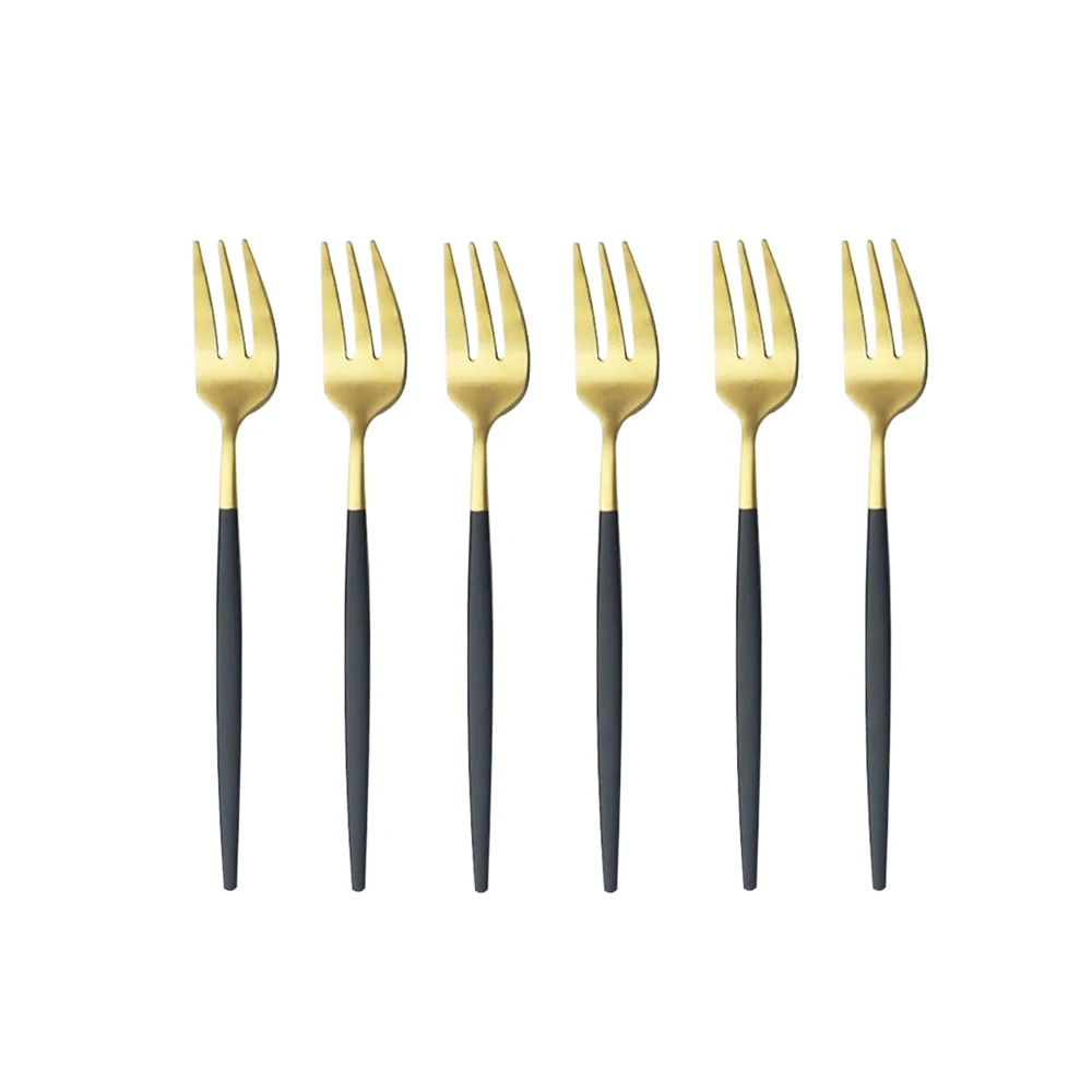 Juego de 6 tenedores para fruta en acero inoxidable mate, mini juego de cubiertos dorados Mdug (negro y dorado)