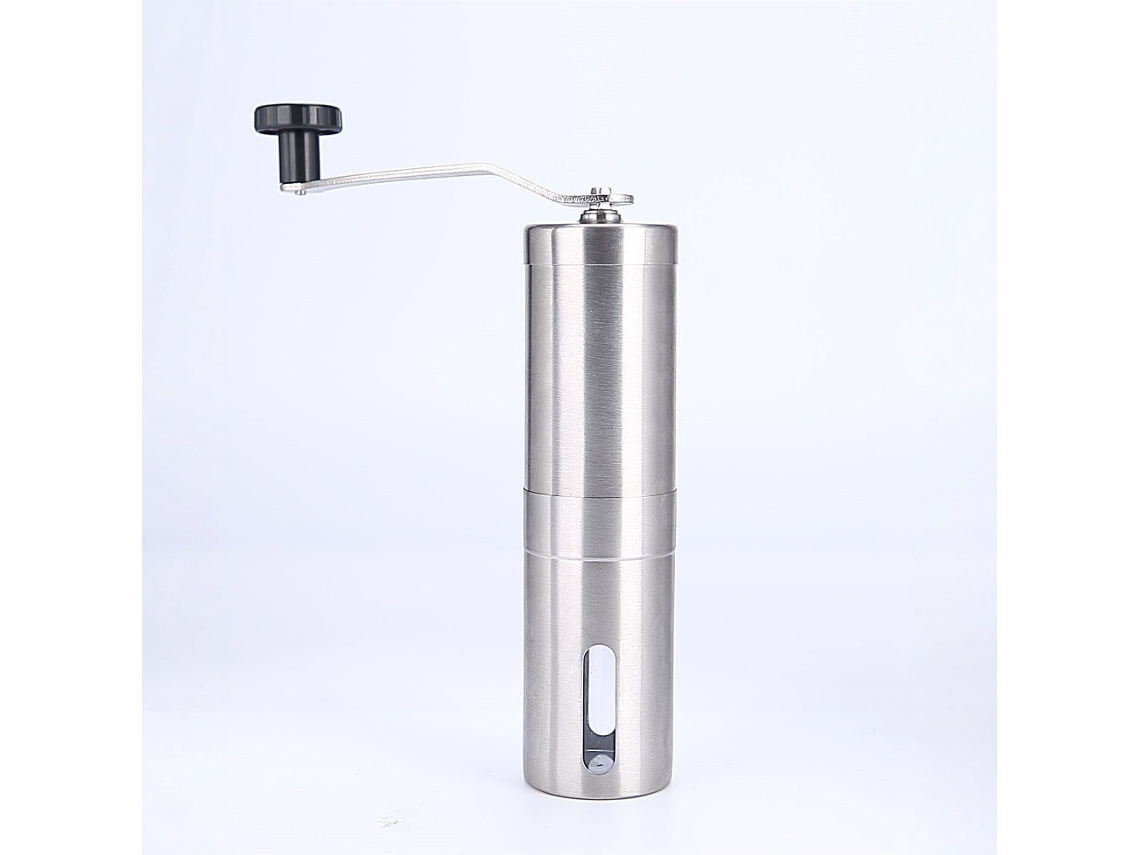 Molinillo de café manual portátil fabricado en acero inoxidable para uso comercial, con pantalla de vidrio.