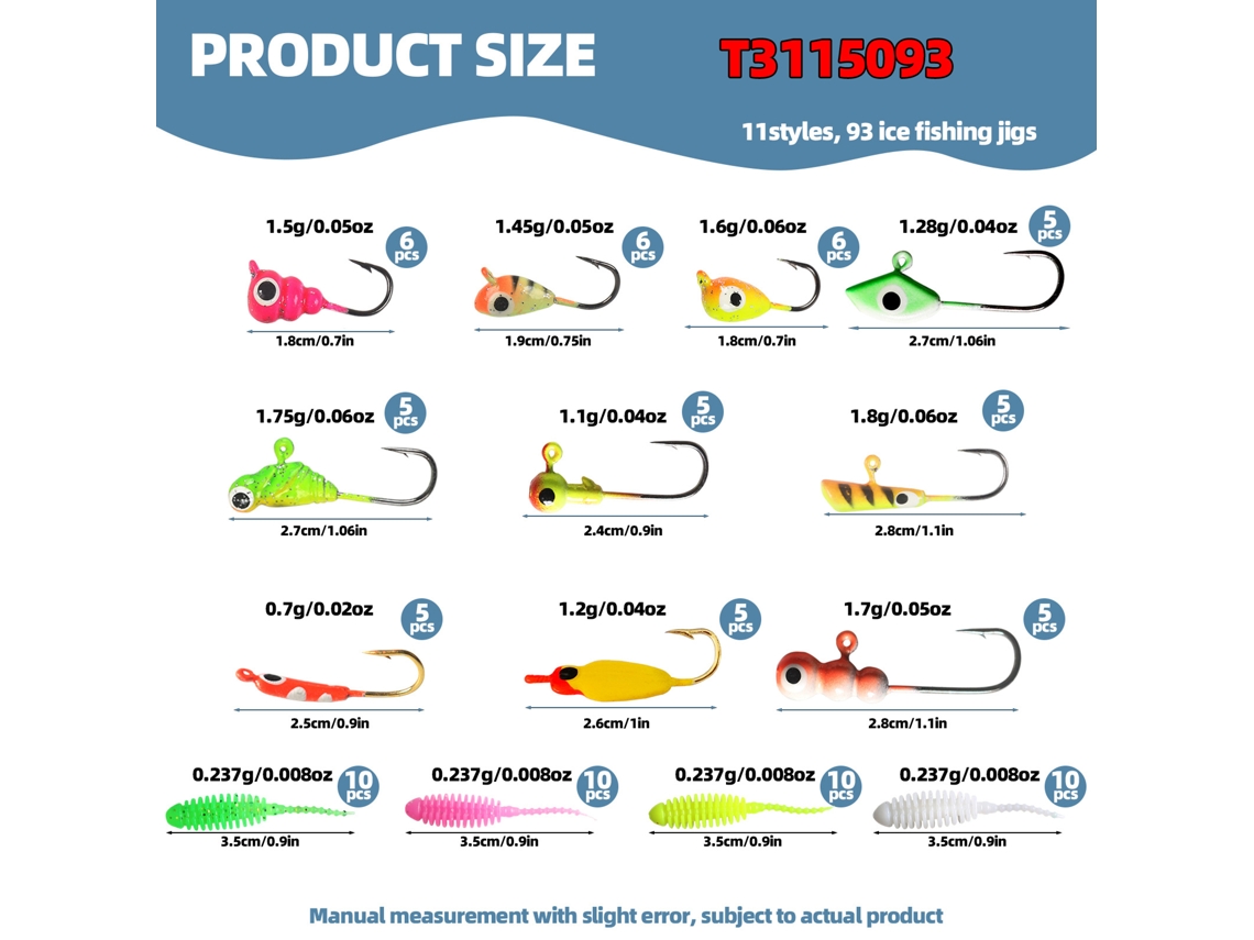 Kit De Señuelos Para Pesca En Hielo Con 93 Piezas. Incluye Anzuelos Y Señuelos Blandos Para Peces Como La Lubina, La Trucha Y El Lucio.