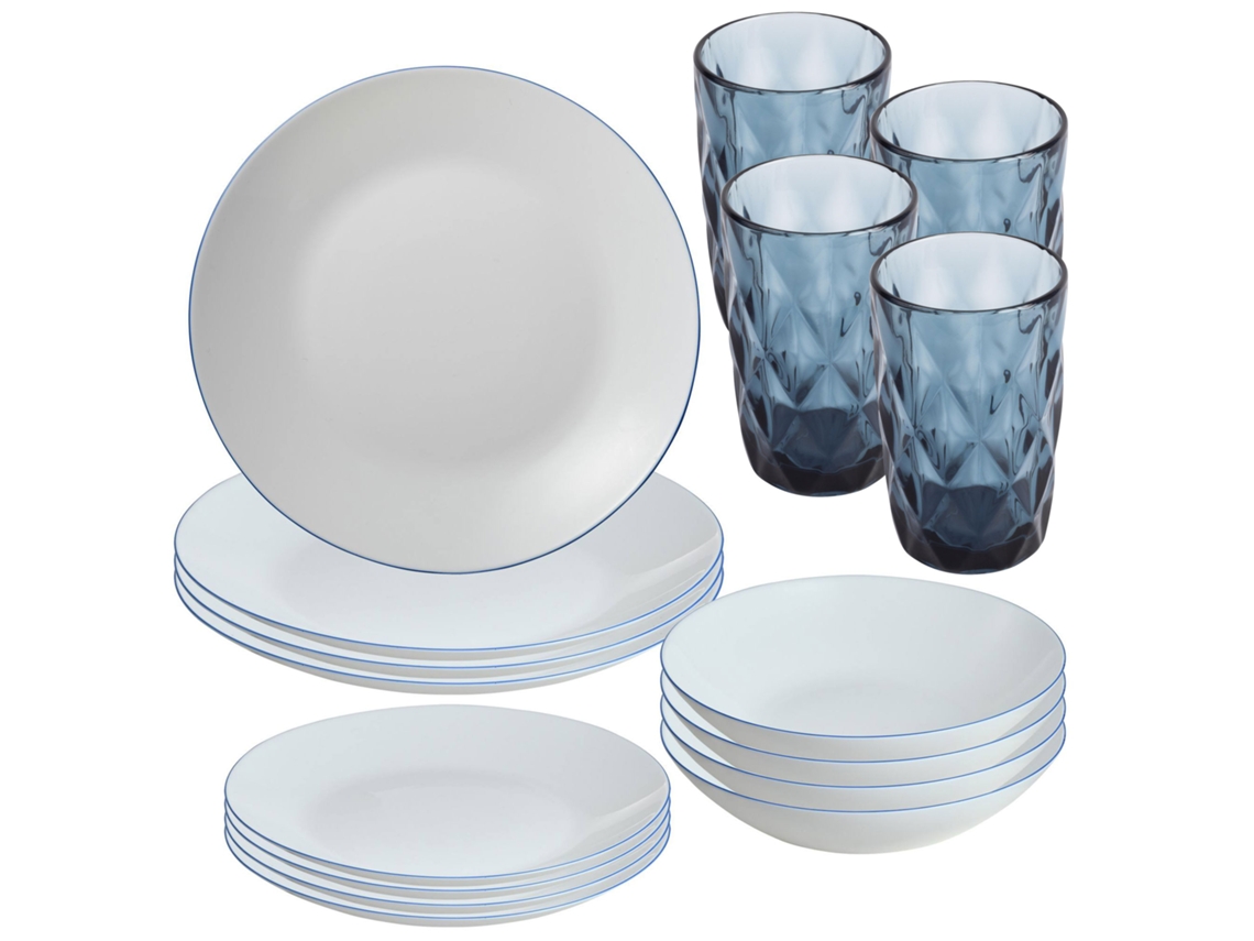 Vajilla blanca de 12 piezas, 4 vasos de cristal azul (350 ml) de San Ignacio