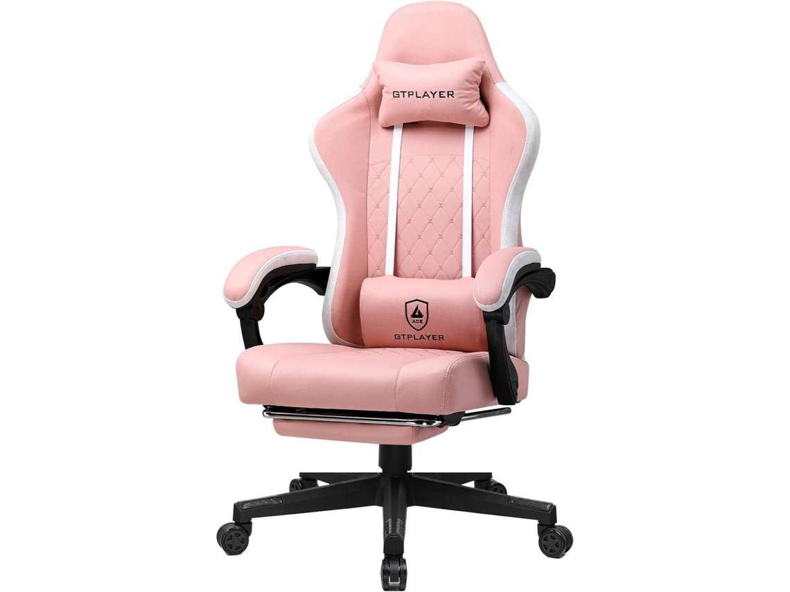 para Juegos Ergonómica para Juegos con Superficie de Tela, Cojín de Asiento con Resortes, Reposabrazos y Reposapiés de Conexión, Rosa