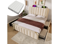 Sofá Cama Acolchado 160x200 Cm Lino, Tiras Doradas, Cargador Usb-c, 4 Cajones, Colchón 7 Zonas Incluido, Base De Listones, Beige