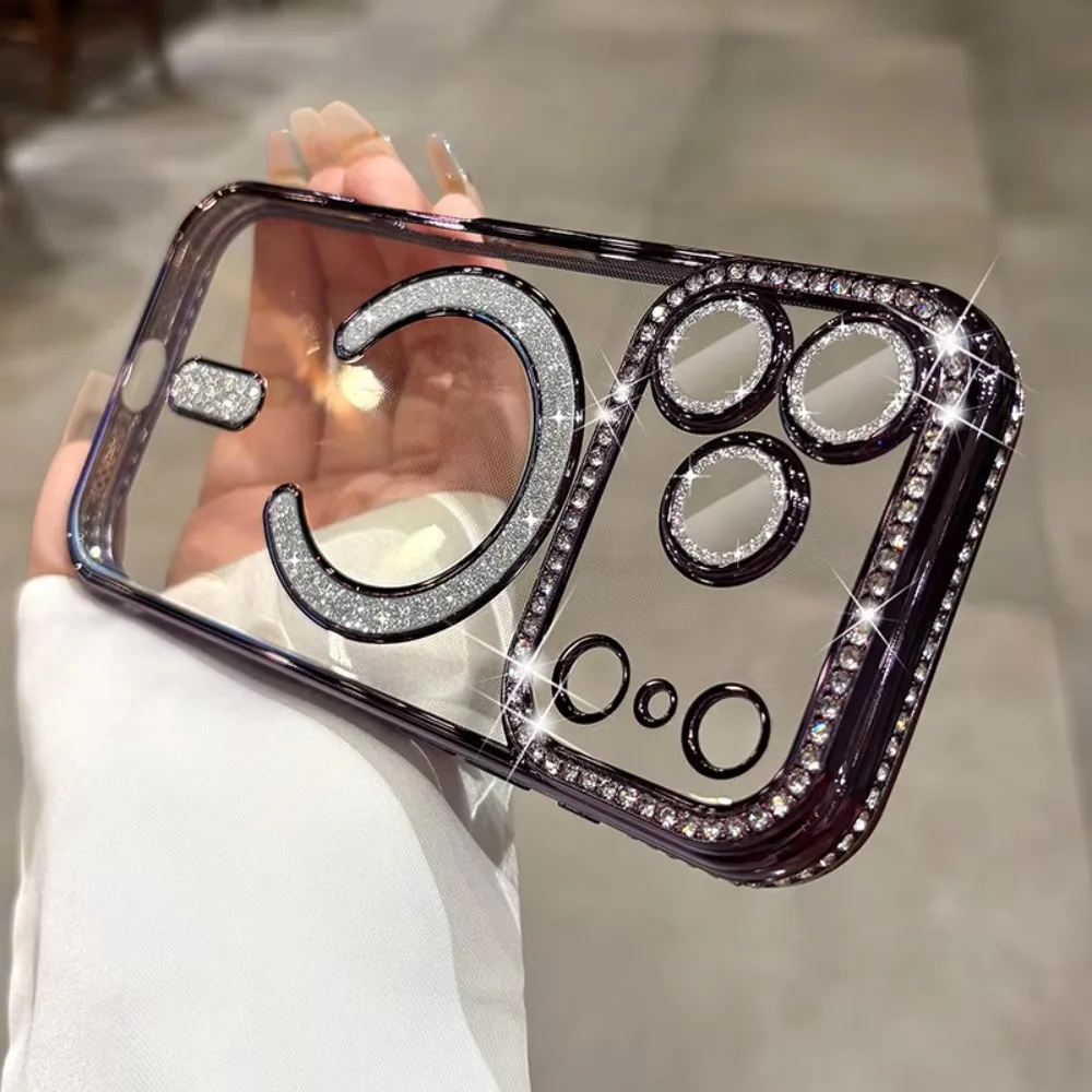 (iphone Air, Púrpura) Funda De Succión Magnética Para Iphone, Funda Transparente Suave De Diamante Flash, Funda Protectora De Cámara Completa