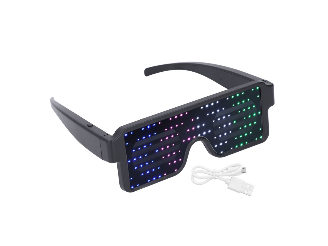 Óculos com luzes LED dinâmicas em 4 cores, recarregáveis via USB, ideais para decoração de festas, Halloween e bares.