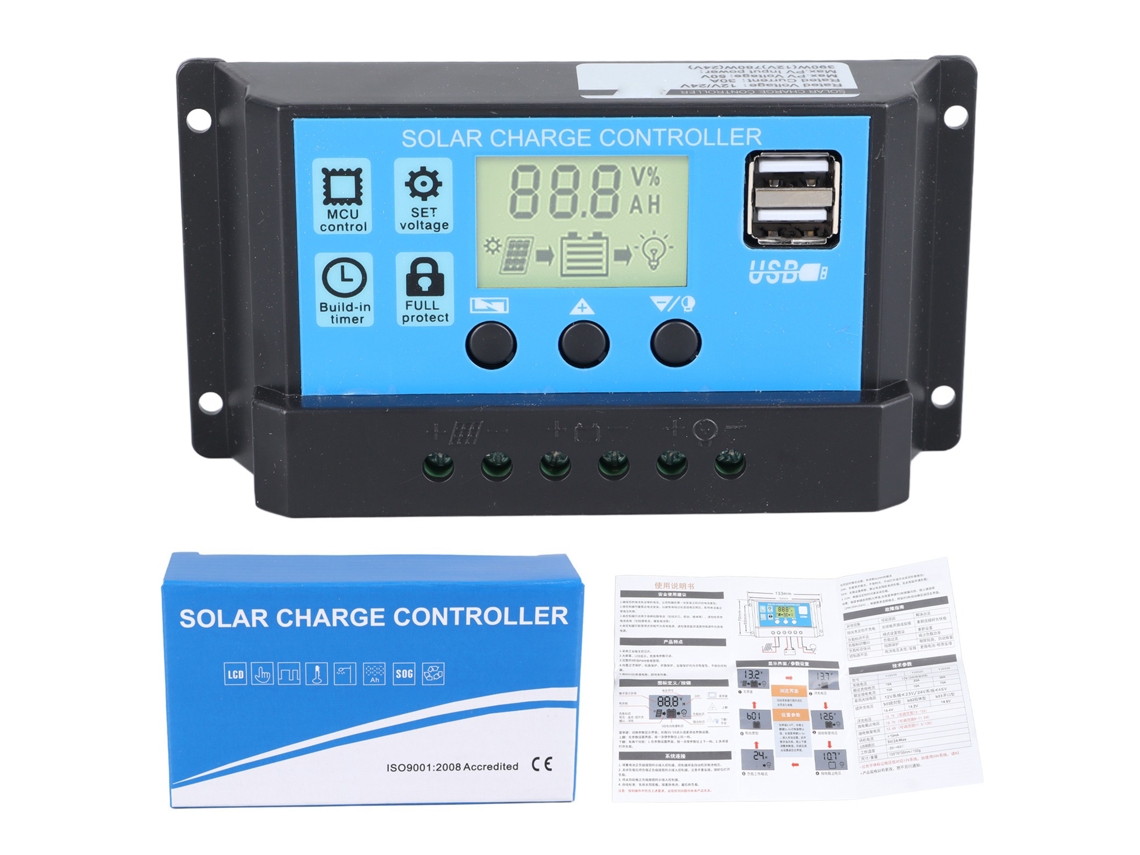 Controlador de carga solar 12V 24V 30A PWM LCD USB Regulador dual