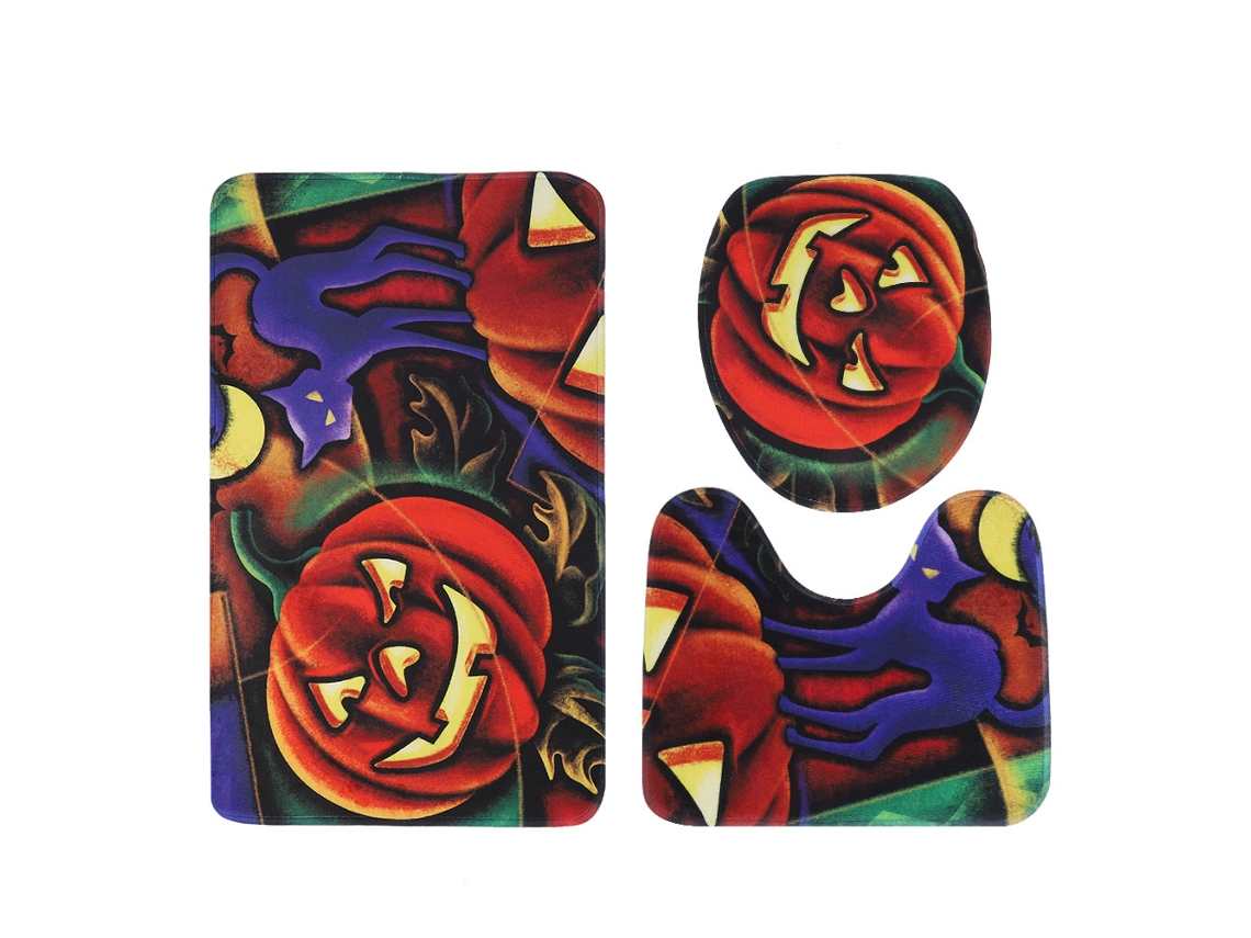 Juego de 3 alfombras de baño con diseño de calabaza: alfombrilla de ducha antideslizante, tapa de inodoro y alfombrilla facial.