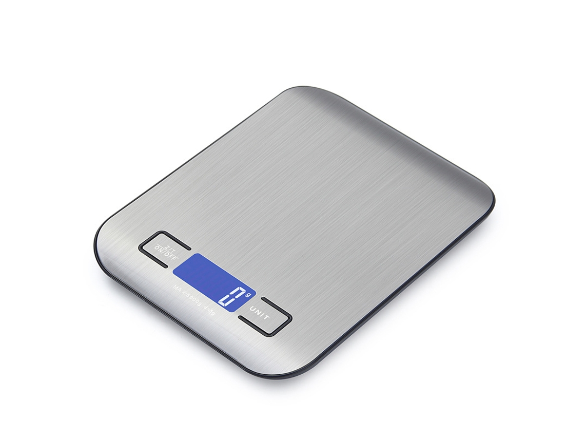 Báscula de cocina electrónica recargable de acero inoxidable de 5 kg/1 g en color negro y plateado