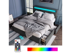 Cama Tapizada De 140x200 Cm Con 4 Cajones, Cabecero Ajustable, Somier De Láminas De Madera, Iluminación Led, Color Gris, Colchón No Incluido.