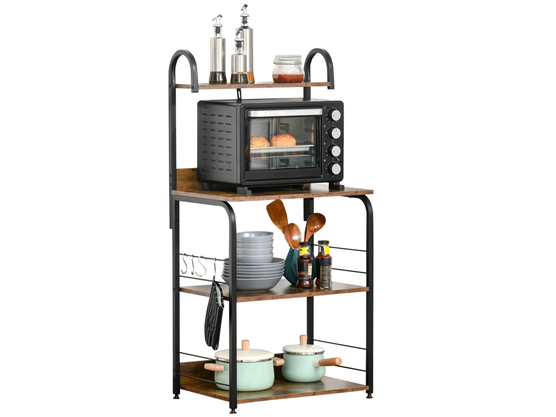 Estantería De Cocina De 4 Niveles Con Ganchos Para Microondas, 60x40x125cm, Color Marrón Rústico Y Negro.