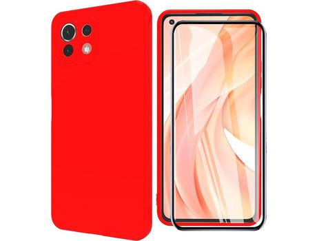 Carcasa para Mi 11 Lite con protector de pantalla de vidrio templado Carcasa de TPU de silicona antiarañazos para Mi 11 Lite rojo HONGWE.