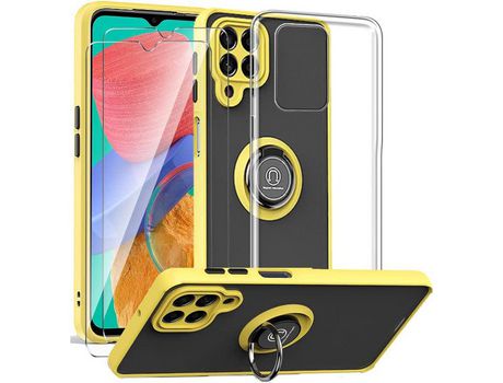 Carcasa para Samsung Galaxy M33 5G 6.6 Ring Holder Yellow + Clear Phone Case + 2 X Protector de pantalla de vidrio templado HONGWE.