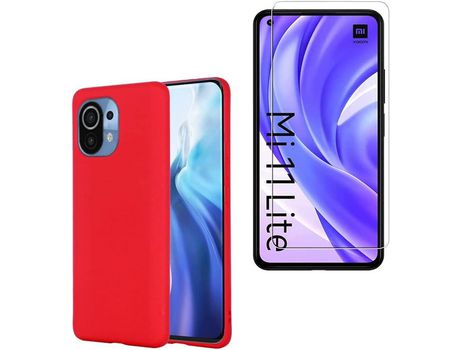 Carcasa de Silicona Blanda Compatible con Xiaomi Mi 11 Lite 4G/5G Carcasa de Gel Blanda a Prueba de Golpes con Vidrio Templado Rojo HONGWE.