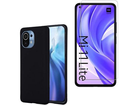 Carcasa de Silicona Blanda Compatible con Xiaomi Mi 11 Lite 4G/5G Carcasa de Gel Blando a Prueba de Golpes con Cristal Templado Negro HONGWE.
