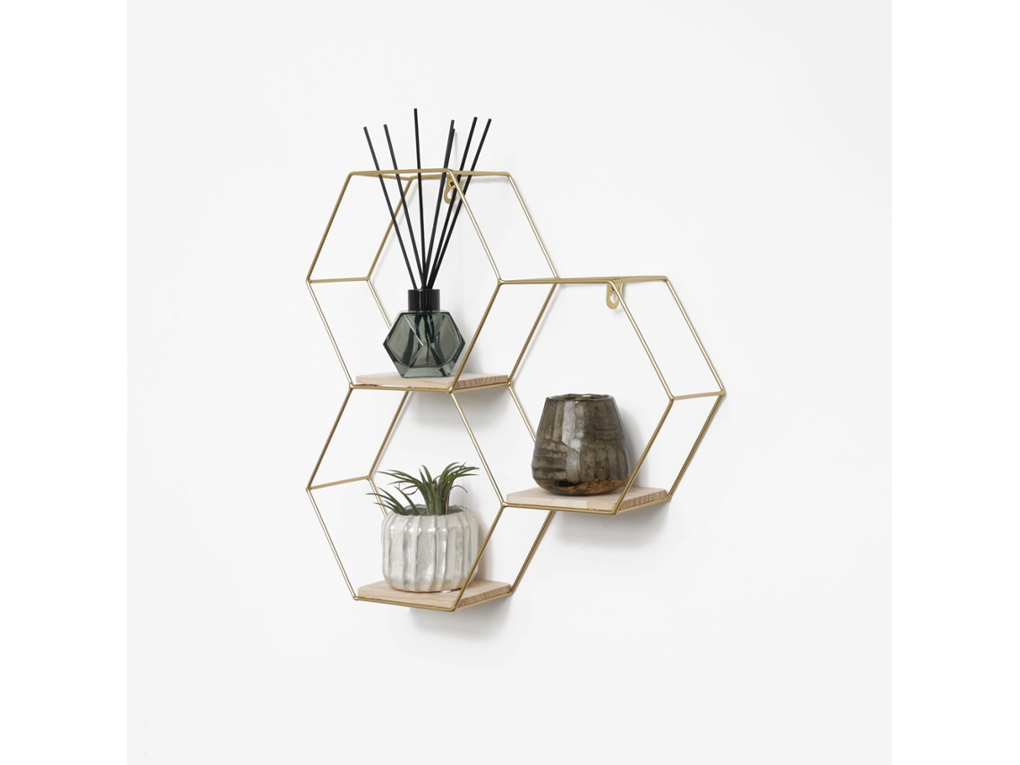 Estantería De Pared Metálica Hexagonal Triple - 40,5 X 41 Cm - Oro