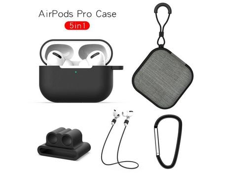 Funda protectora para auriculares para AirPods Pro Funda de silicona suave + Mosquetón + Correa antipérdida + Soporte para muñeca + Bolsa de almace...