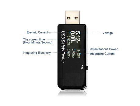 Probador USB Voltímetro DC 5-30V Voltímetro Indicador de capacidad del cargador Pantalla de tiempo Detector de energía de la batería móvil negro