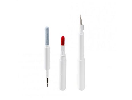 Pluma de limpieza portátil 4 en 1 con cepillo suave Limpiador de cámara de teclado multifunción para auriculares Blanco