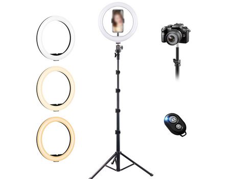 Anillo de luz con trípode, anillo de luz de 10 pulgadas con trípode de 63 pulgadas para selfie con 3 colores para maquillaje, transmisión en vivo, ...