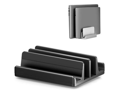 ELKUAIE Soporte para computadora portátil vertical ajustable de dos ranuras diseñado con soporte de escritorio de aluminio de 2 ranuras para la may...