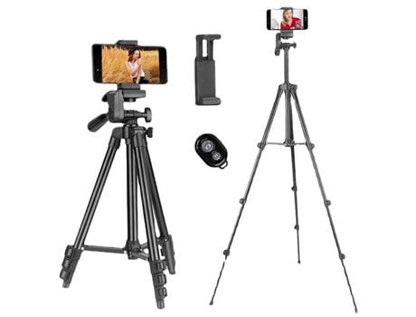 Trípode para cámara, trípode para iPhone, con soporte para teléfono móvil y mando a distancia Bluetooth, trípode para teléfono móvil para iPhone, S...
