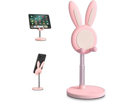 Rabbit Desktop Phone Holder Height Adjustable Phone Holder Compatible with All Phone iPhone Samsung Pixel iPad Tablet (4-10 inch Pink)——VEBTles