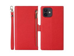 For Iphone 12 / 12 Pro 6.1 Inch Zipper Pocket Design Litchi Texture Phone Case, Pu Leather Flip Cover Stand Wallet With StrapRed