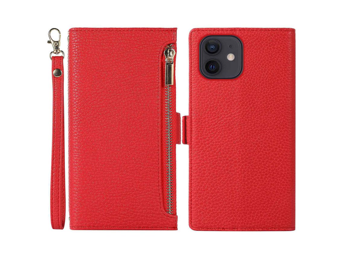 For Iphone 12 / 12 Pro 6.1 Inch Zipper Pocket Design Litchi Texture Phone Case, Pu Leather Flip Cover Stand Wallet With StrapRed