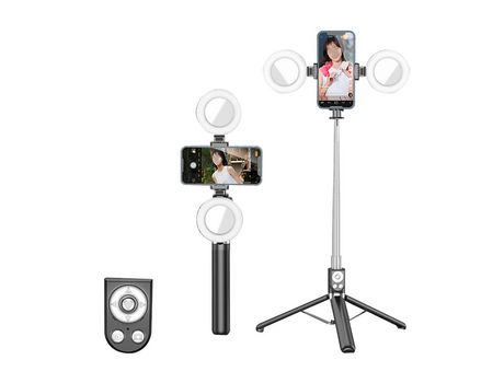 ELKUAIE Palo selfie extensible con control remoto inalámbrico recargable Tik Tok, trípode y lámpara dual