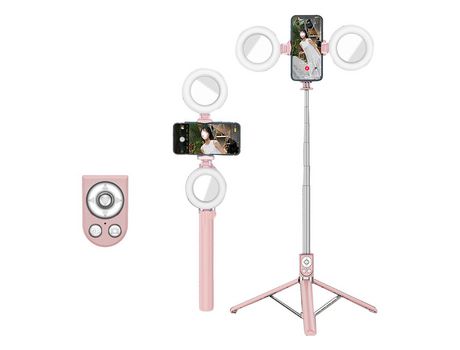 ELKUAIE Palo selfie extensible con control remoto inalámbrico recargable Tik Tok, trípode y lámpara dual