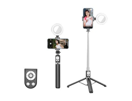 ELKUAIE Palo selfie extensible con control remoto inalámbrico recargable Tik Tok, trípode y luz