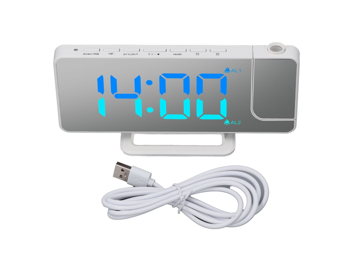 Relógio De Alarme Digital Com Projeção Led 7.4 Polegadas Espelho Luz Rgb Porta Usb C Branco